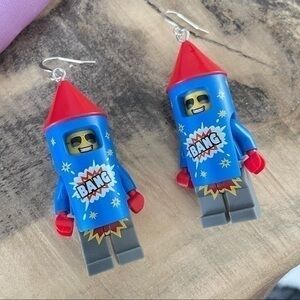$10 SALE Handmade Lego BANG Rocket Man Red Blue Statement Earrings 2.75”